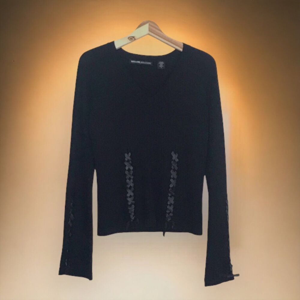 MARY JANE MARCASANO Silk blend V-neck Black Pullover Braided Leather Detail Sz S